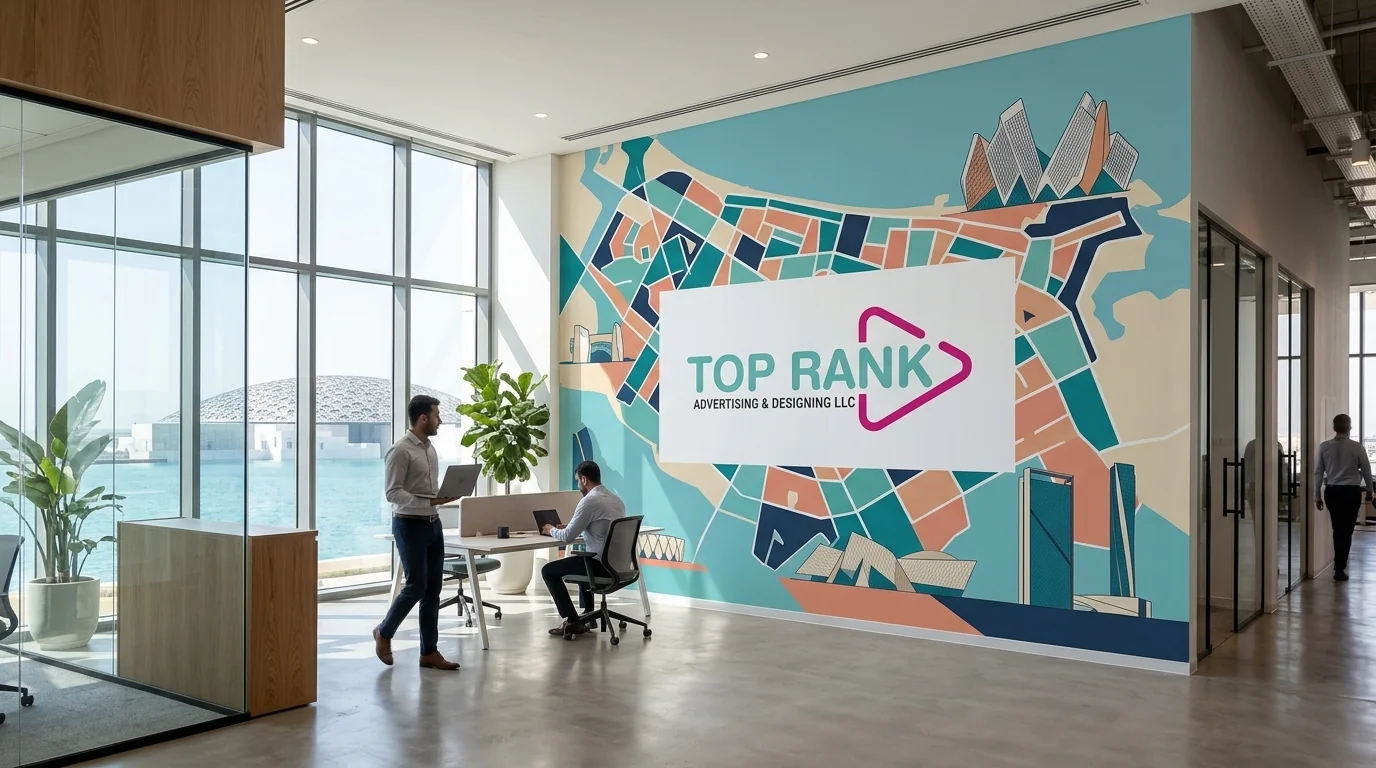 Modern Abu Dhabi office interior featuring large-format printed wall graphics and branded environmental design by Top Rank Advertising