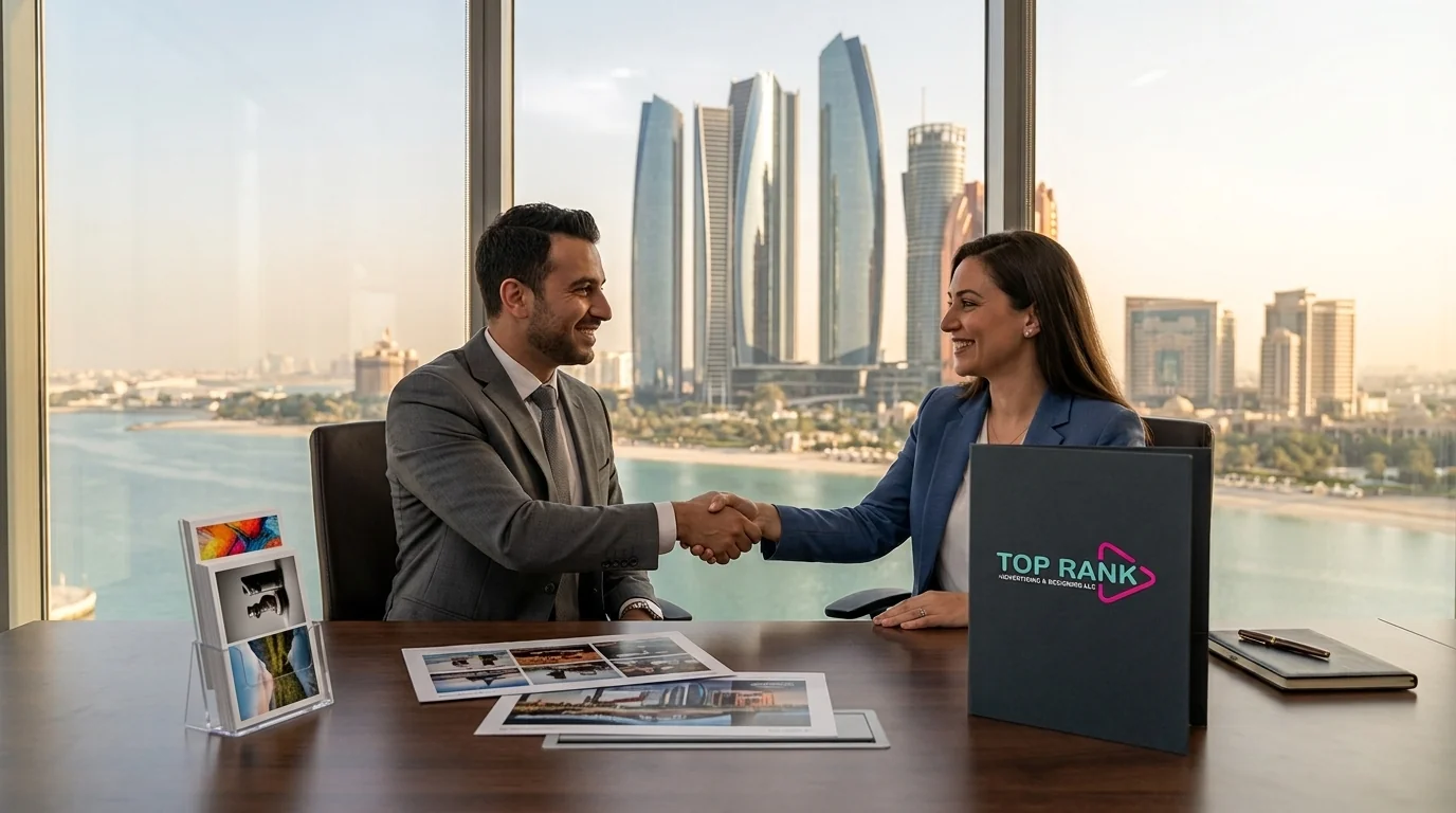 Top Rank Advertising account manager shaking hands with B2B client during corporate branding consultation in Abu Dhabi