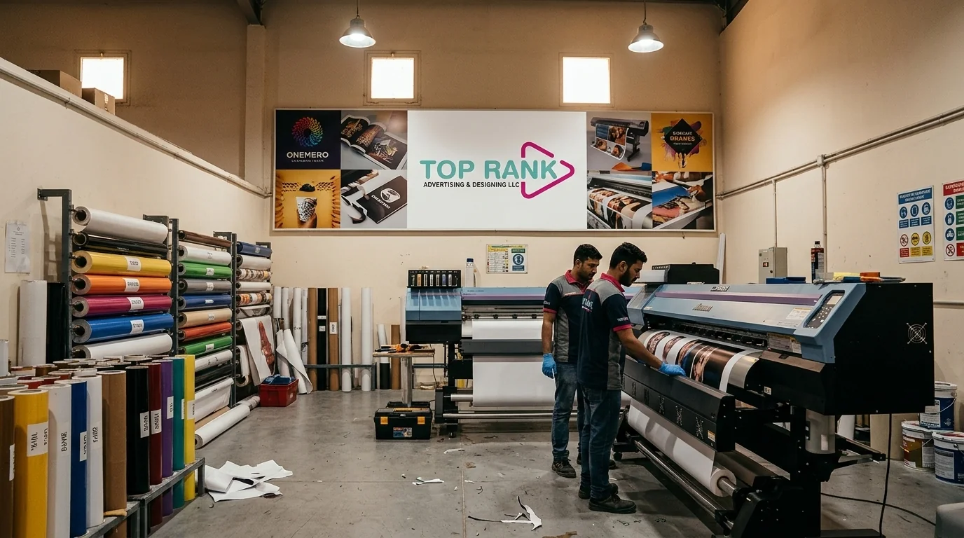 Top Rank Advertising large-format printing workshop in Abu Dhabi with technicians operating industrial eco-solvent printers